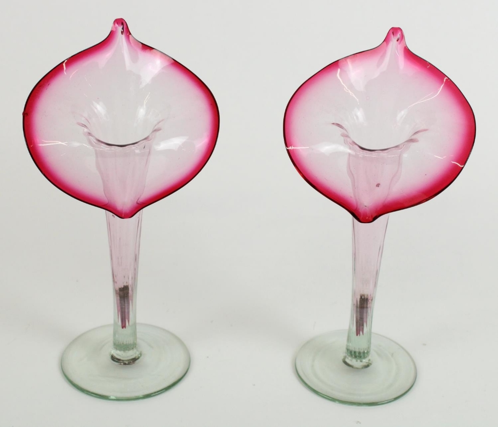 Pair of Victorian Jack in the Pulpit glass vases with cranberry rims, H22cm