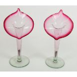 Pair of Victorian Jack in the Pulpit glass vases with cranberry rims, H22cm