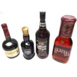 1ltr bottle of Glayvar liqueur, 70cl Courvoisier cognac, 1ltr Captain Morgan black label rum, bottle