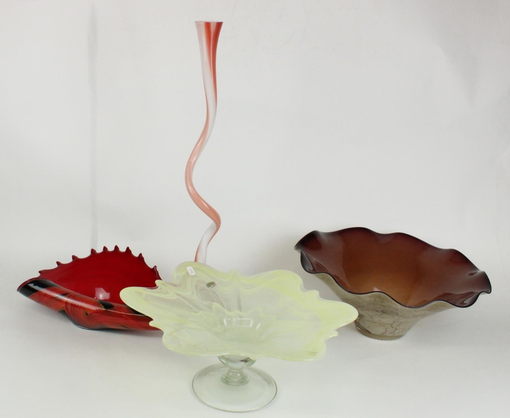 Four items of modern art glass to inlcude Murano yellow pedestal bowl, brown striated bowl,