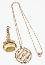 9ct yellow gold pendant set with peridot, pink stones and seed pearls, stamped 9ct, on a yellow