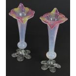 Pair of late C19th Jack in the Pulpit vaseline glass vases with pink and yellow decoration, H20cm