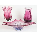 Two Murano style Czech cased glass vases of free form organic shape and a similar bowl, tallest