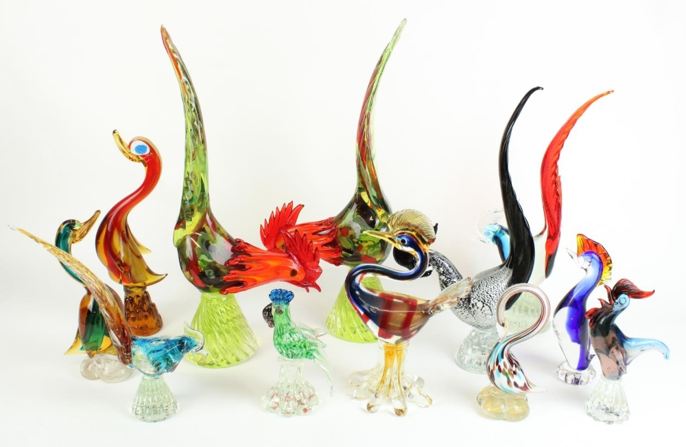 Selection of Murano and other glass cockerel, duck and bird figures, tallest H48cm