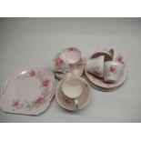 1930's Shelley 21 piece tea set, blush pink ground with hand painted floral decoration, makers
