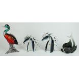 Two Murano glass horse head sculptures, Murano Campanella fish figure and a Murano type duck figure,