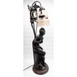 Contemporary bronzed table lamp, with scantily clad female figure holding Doves, with 3 pink