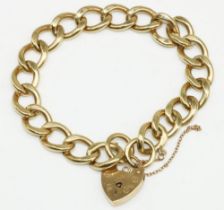 9ct yellow gold curb link bracelet with heart padlock clasp, stamped 375, L20cm, 36.8g