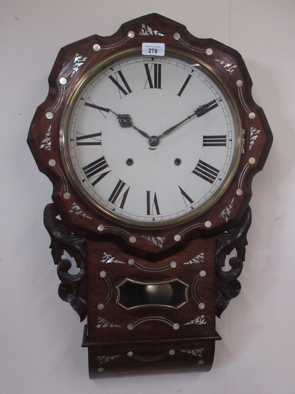 Late C19th/early C20th simulated rosewood inlaid drop dial wall clock, brass bezel enclosing painted