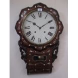 Late C19th/early C20th simulated rosewood inlaid drop dial wall clock, brass bezel enclosing painted