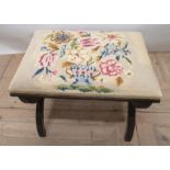 Regency style dressing stool with needlework top, X shaped reeded ends, joined by turned