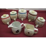 HCW Black and White whisky water jug, Wade Mackenzie jug and a five Wade miniature Spirit barrels (