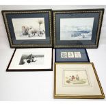 C19th watercolour of children on a beach, unsigned, 18x 13.5cm, and four prints (5)