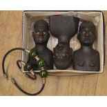 Three wooden tribal heads of two ladies and man, beaded necklace and bracelet on leather thong (5)