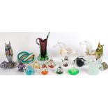 Collection of Murano and other glass animals, vases, paperweights, teapot ornaments etc. Tallest