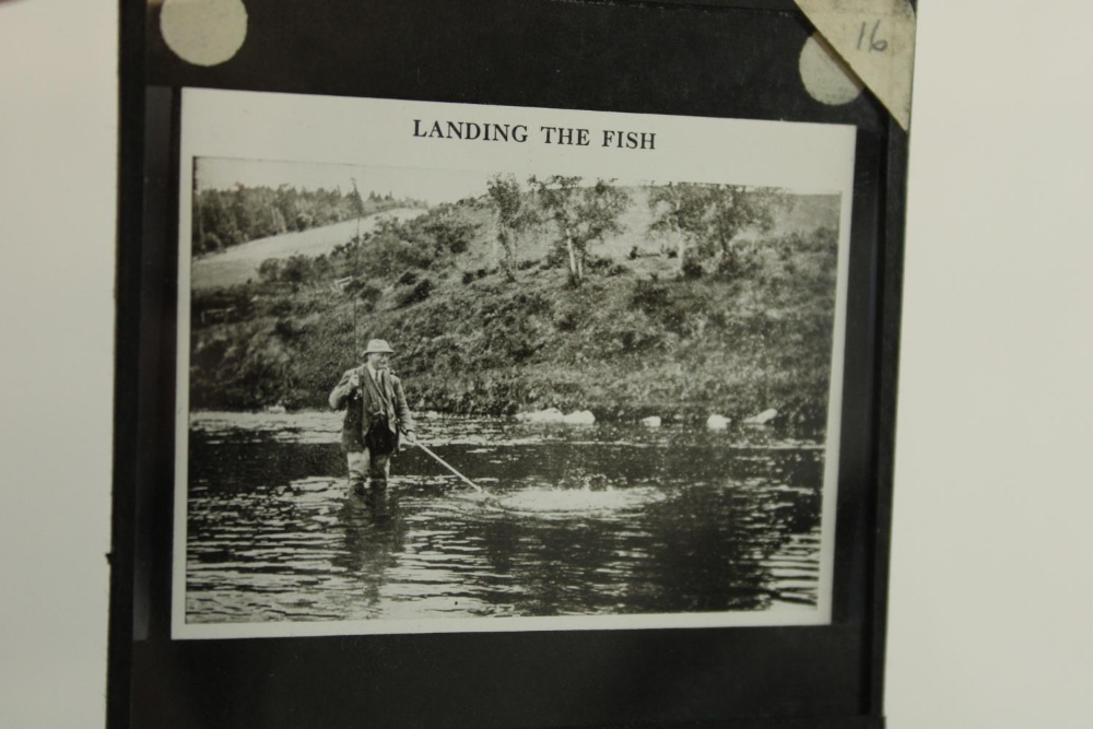 Collection early to mid C20th magic lantern monochrome slides, all related to fishing and