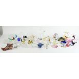 Collection of small glass ornaments, animals etc and a Bohemian spatter glass boot spill vase