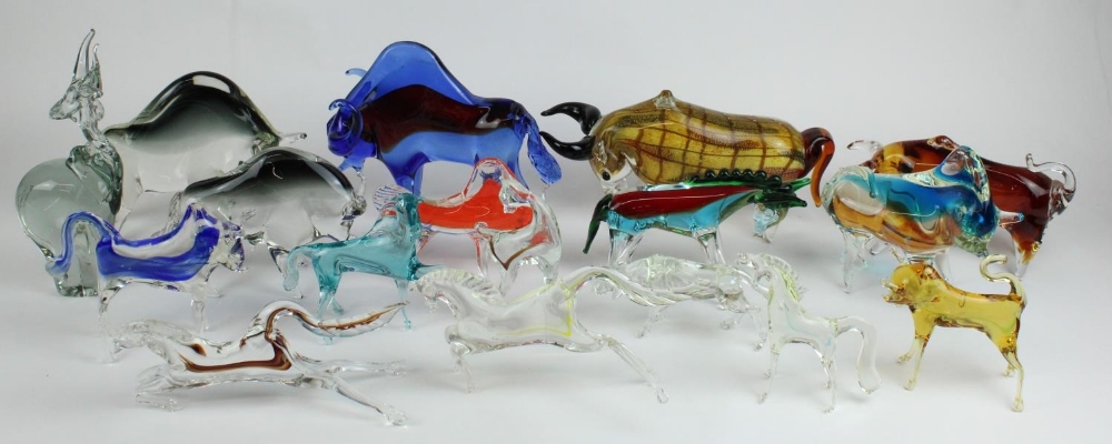 Selection of Murano and other art glass animal figurines of Bulls and horses, tallest H26cm