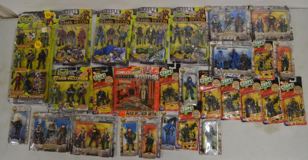 Collection of 28 "The Corps" figure sets, all factory sealed and un-played with. Includes 9 "Elite