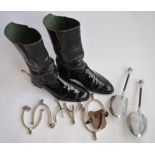 A pair of vintage cavalry boots with attached spurs and a pair of "Vic-Tree" shoe trees. Also 3