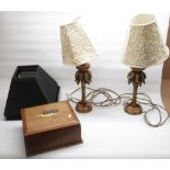 Pair of modern gilt lamps styled as Coconut trees with shades, 4 black lamp shades, a Savana