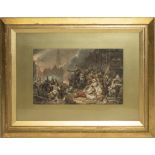 French School (C19th); Death of a General, battle scene in a burning ruined city, watercolour
