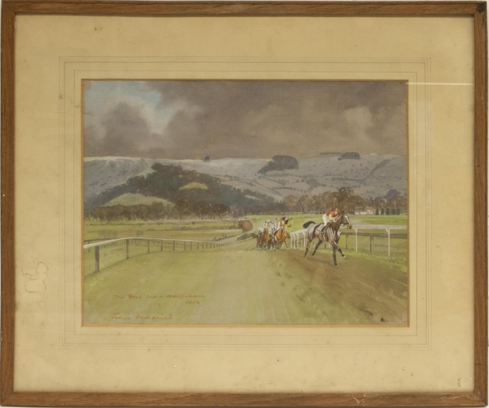 Major John Oldfield (British C20th); "The Gold Cup - Cheltenham 1950", horse racing scene,