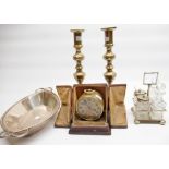 Zenith Watch Co brass cased alarm clock with travel case, pair of c19th brass push up