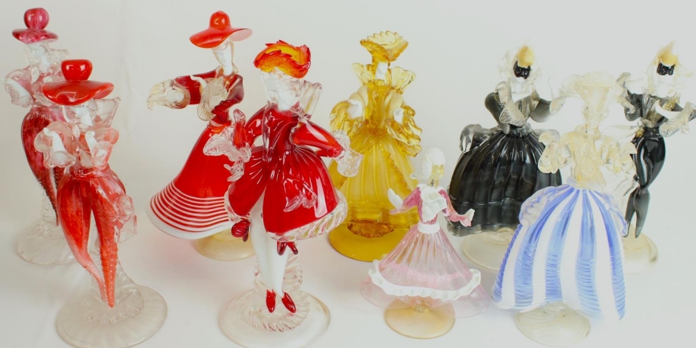 Nine Murano style glass dancer figurines in the manner of Toffolo, tallest H28cm