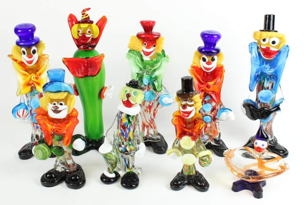 Nine Murano glass clown figures, tallest H34cm