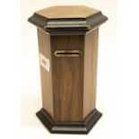 Late Victorian rosewood money box in the form of a hexagonal postbox, with ebonised mouldings, H20cm