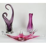 Val St Lambert free form organic pink cased glass vase together with a similar large purple art