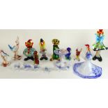 Selection of Murano and other glass clowns, figurines etc. Tallest H31cm.