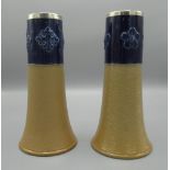 Near pair of Royal Doulton vases, late c19th, with silver mounts, manufacturer's mark to base, H20cm
