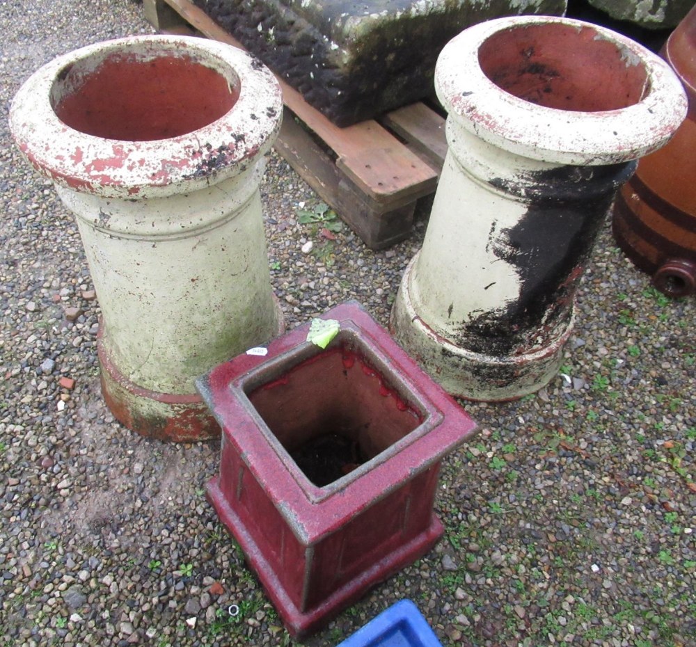 Pair of matching terracotta cannon barrel chimney pots, 54cm x 52cm, small painted planter with