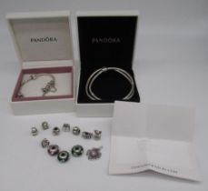 Pandora charm bracelet with safety chain, a matching necklace, both stamped ALE 925, and a