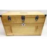 Pine watchmakers/toolmakers chest with chrome plated fittings, lift up lid with green baize lined