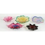 Five Murano style art glass bowls, largest W30cm