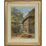 T. Rodgers (British C19th); Peasant girl feeding birds in cottage garden, watercolour, signed and