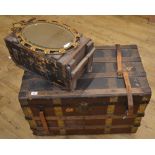 Campaign chest with brass and wood strapping, leather fasteners and leather handles with brass