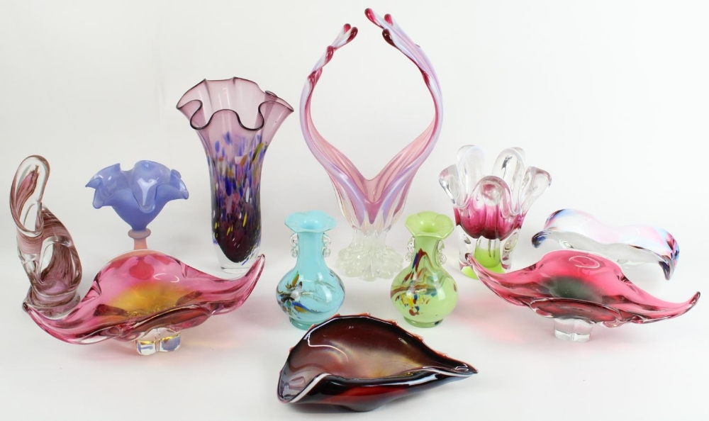 Collection of Murano and other modern art glass sculptures, vases and bowls, largest H40cm