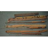 4 vintage wood fishing rods, 1 boat rod (2 piece, overall length 204cm), 2 general purpose rods (2