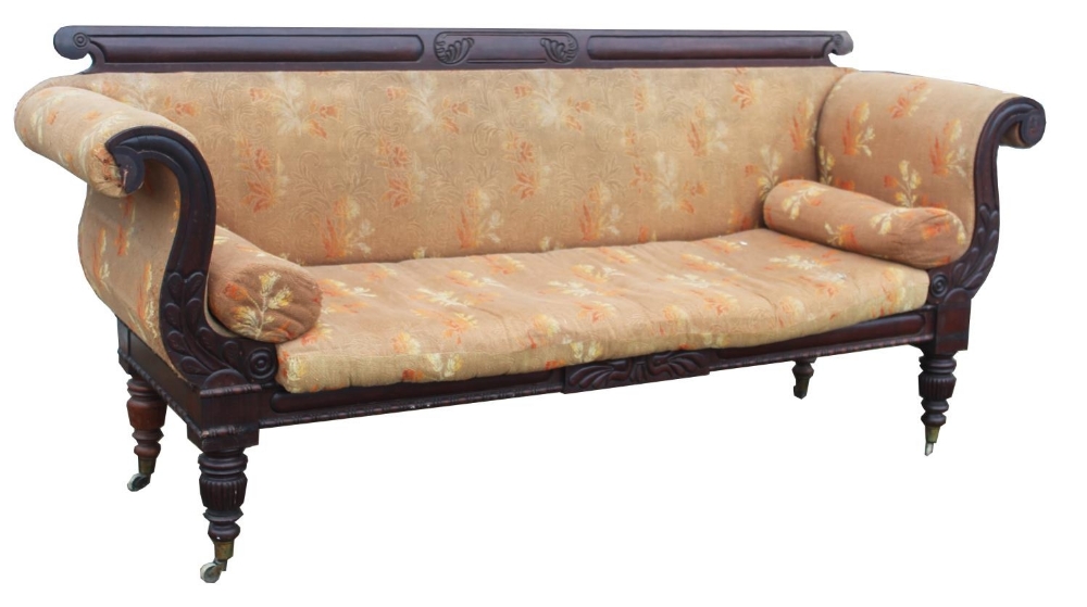 Victorian mahogany famed scroll end upholstered sofa, carved back and bead carved frieze on lobed