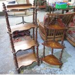 Victorian inlaid walnut four tier what-not, on turned supports W50cm D33cm H126cm and a similar