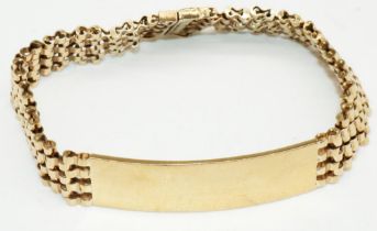 9ct yellow gold bar gate identity bracelet, stamped 375, L20cm, 24.5g