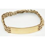 9ct yellow gold bar gate identity bracelet, stamped 375, L20cm, 24.5g