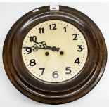 C20th beech cased dial clock, circular moulded bezel, painted Arabic dial with two train movement,