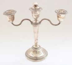 ERII hallmarked silver three branch candelabra with detachable S shape arms on trumpet body and