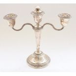 ERII hallmarked silver three branch candelabra with detachable S shape arms on trumpet body and