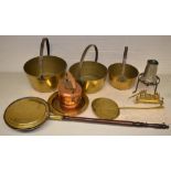 Collection of brass and copper ware including bedwarming pan, three copper jam pans in various